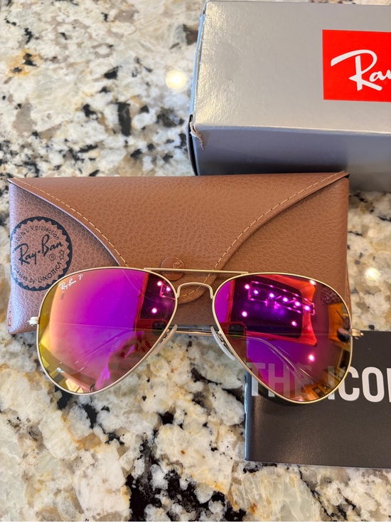 Ray-Ban Accessories - Ray-Ban Gold Frame Aviator Sunglasses with Purple-Pink Mirror Lenses